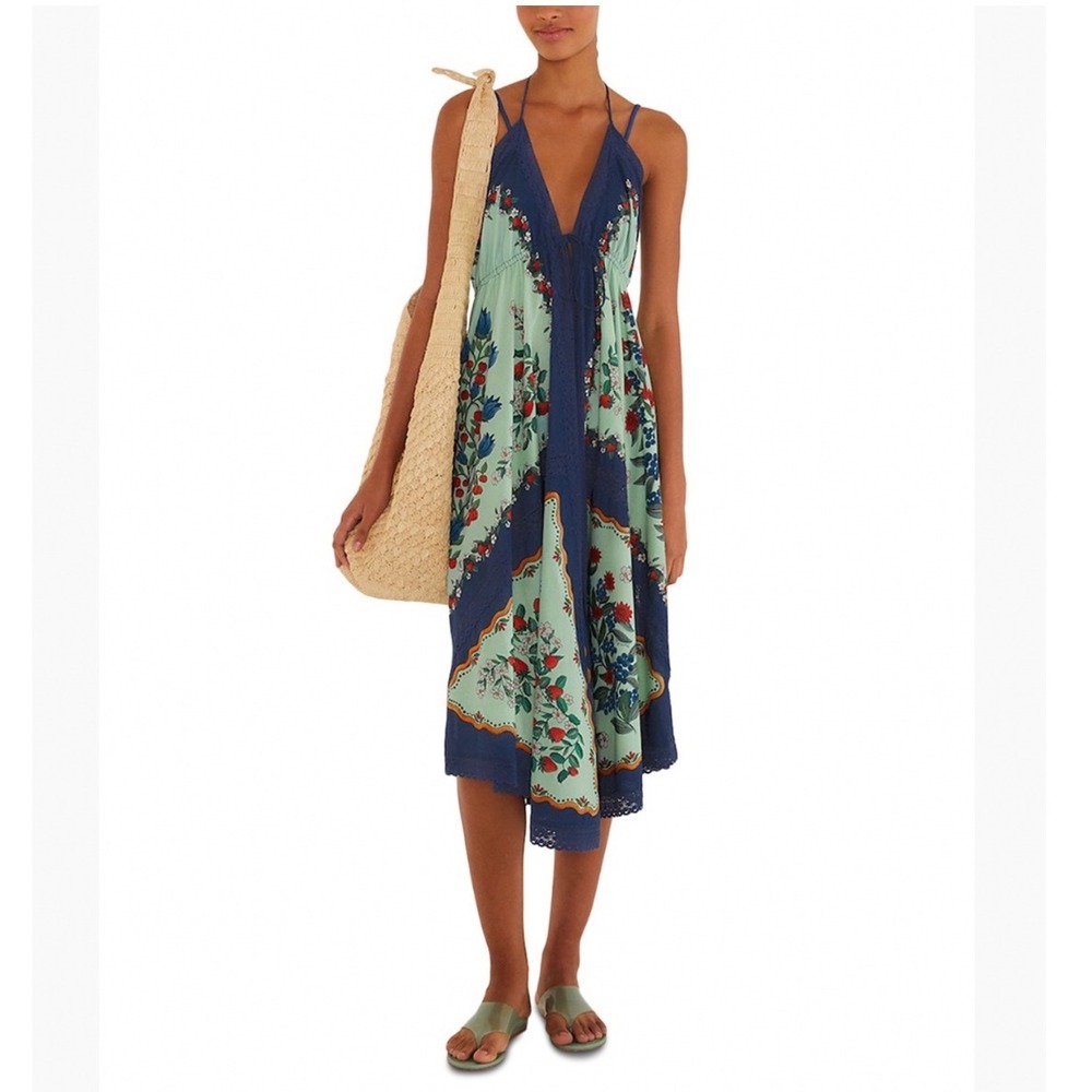 Farm Rio Fruit Beauty Faded Green Maxi Dress Swim Cover-Up Lace Trim XS NEW